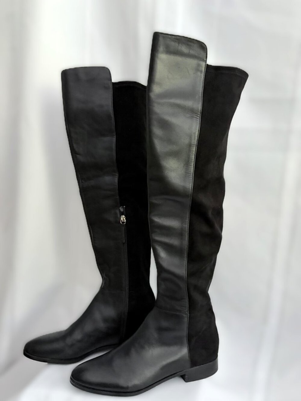 WHBM ROWAN Size 9 Black Leather Suede Over-the-Knee Mixed Media Tall Flat Boots